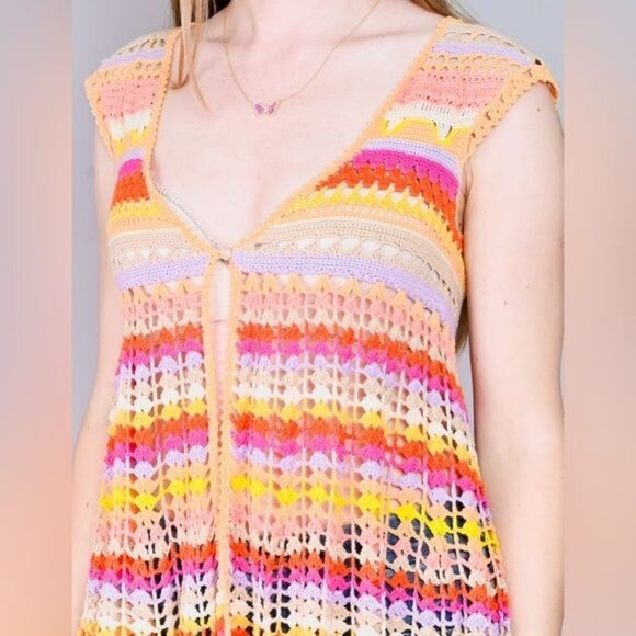 VERY RARE Free People Hippie Rainbow Striped Crochet Knit Cardigan - Picture 5 of 7
